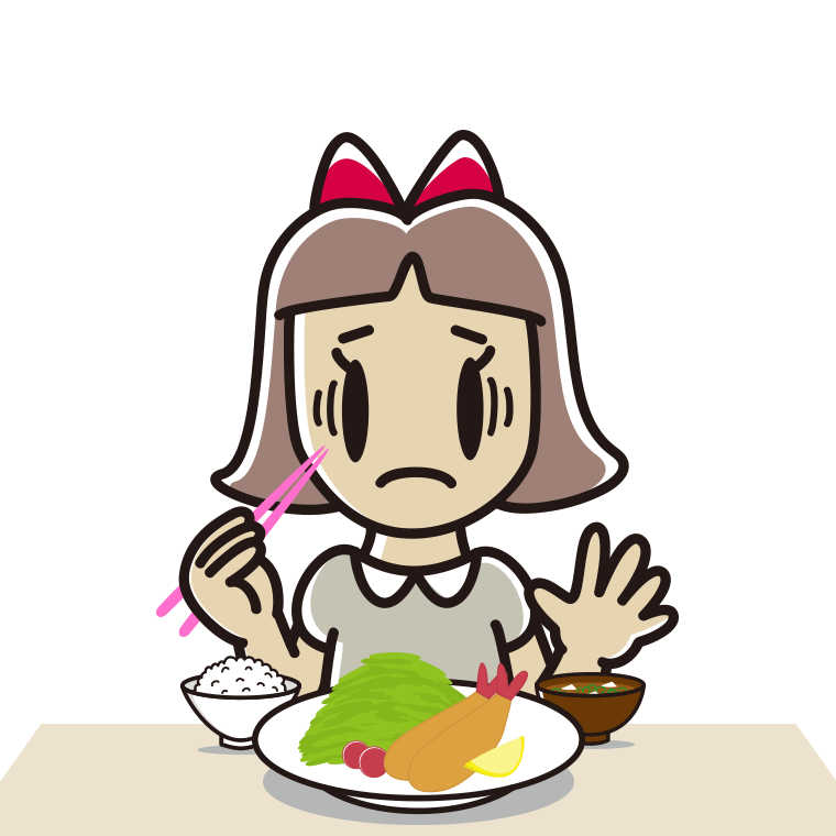 エビフライで困る小学生女子のイラスト【色あり、背景なし】透過PNG