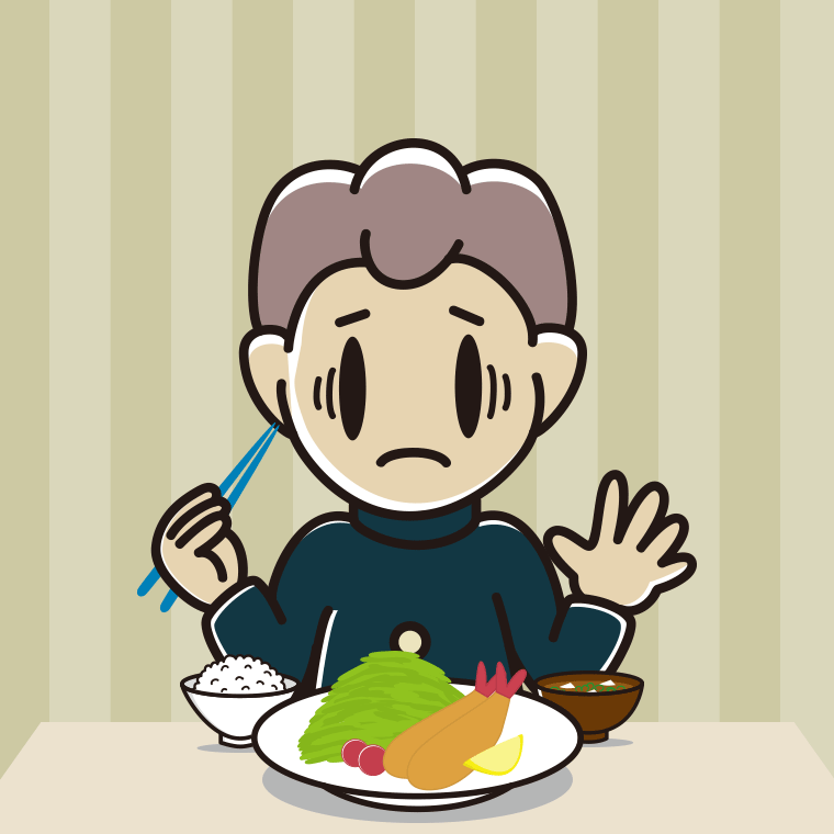 エビフライで困る男子中学生のイラスト【色、背景あり】PNG