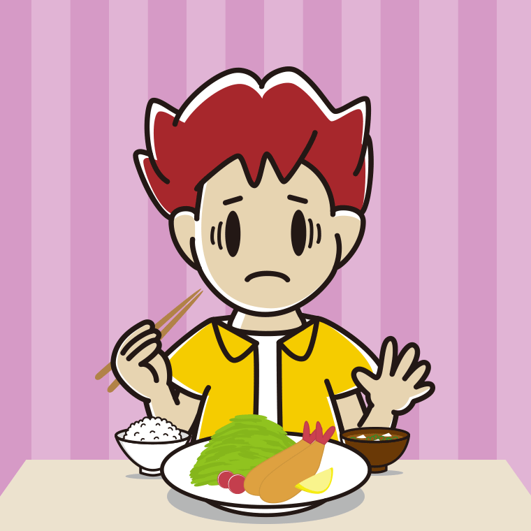 エビフライで困る男子大学生のイラスト【色、背景あり】PNG