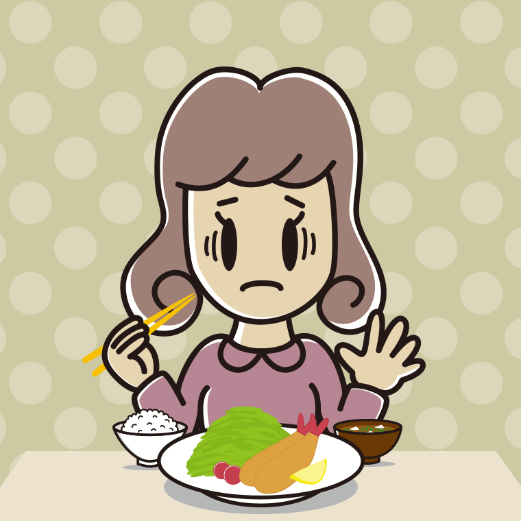 エビフライで困る女子大学生のイラスト【色、背景あり】PNG