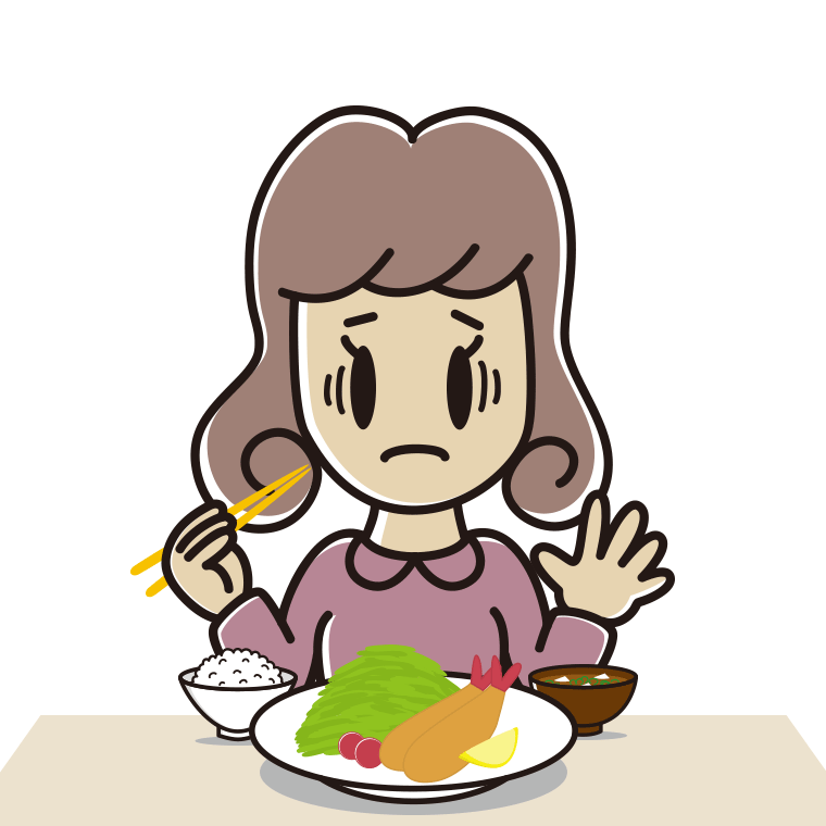 エビフライで困る女子大学生のイラスト【色あり、背景なし】透過PNG