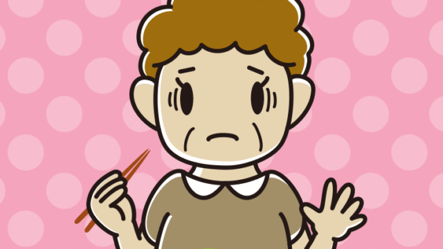 エビフライで困るおばさんのイラスト【色、背景あり】PNG