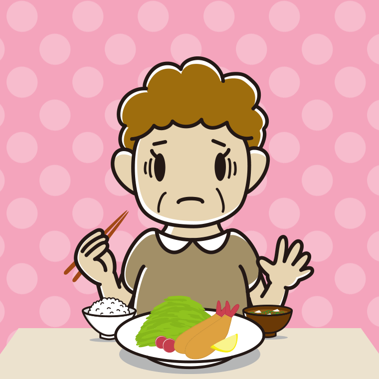 エビフライで困るおばさんのイラスト【色、背景あり】PNG