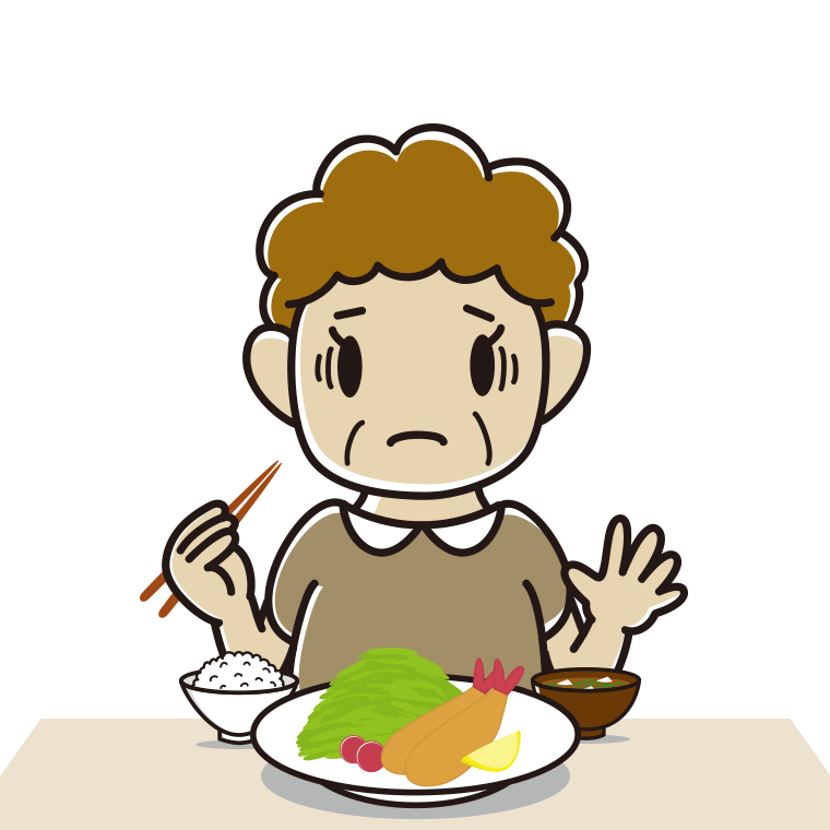 エビフライで困るおばさんのイラスト【色あり、背景なし】透過PNG