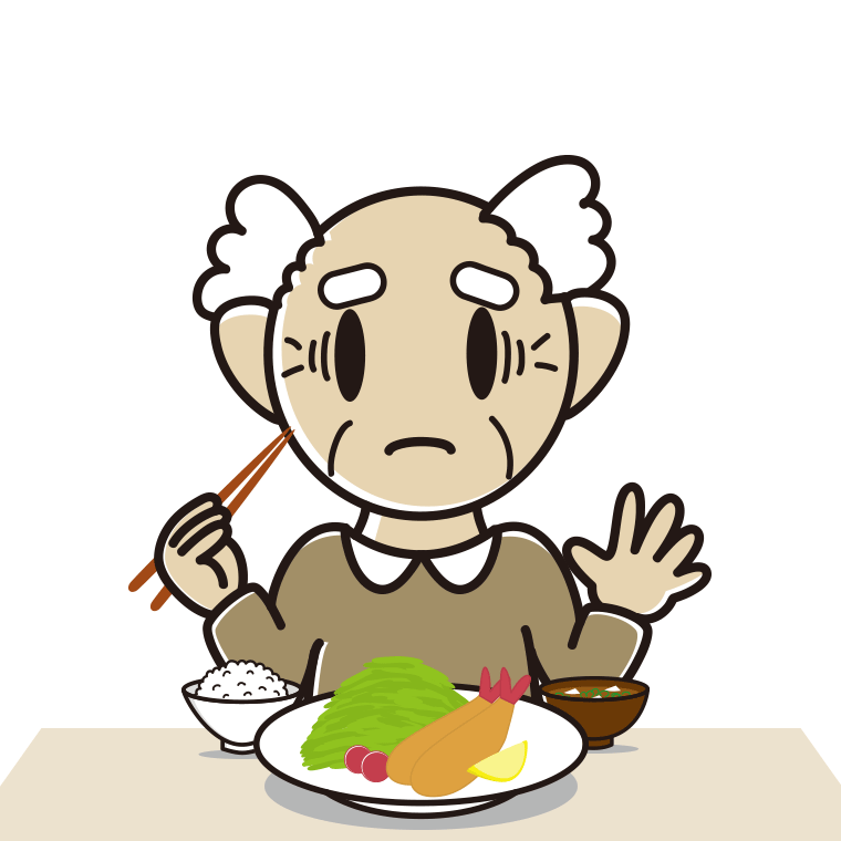 エビフライで困るおじいさんのイラスト【色あり、背景なし】透過PNG