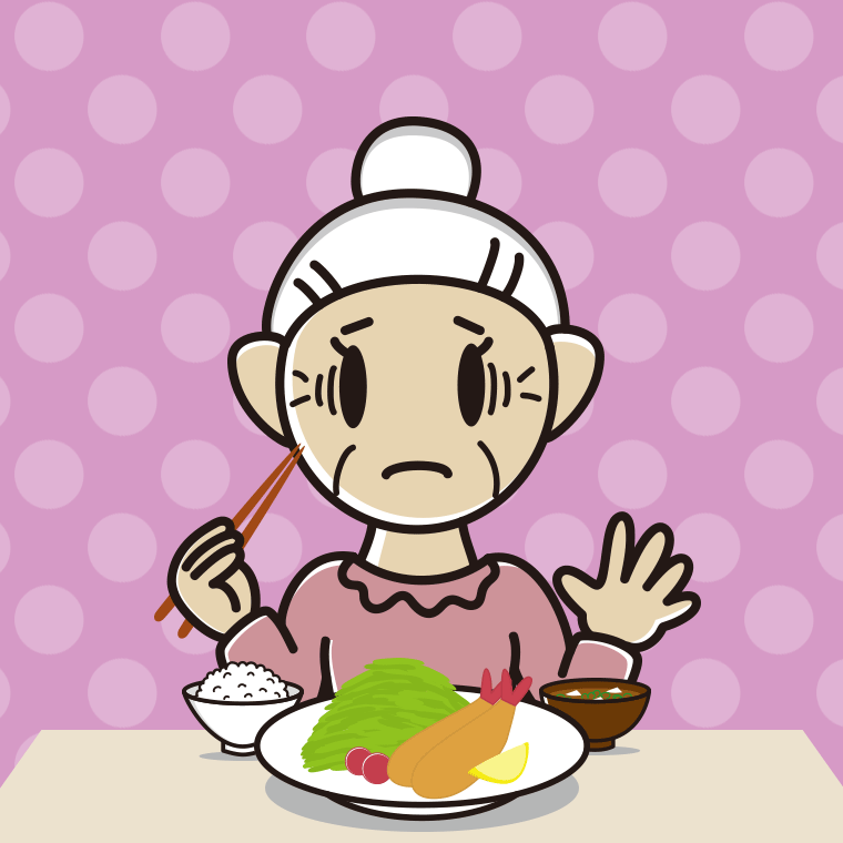 エビフライで困るおばあさんのイラスト【色、背景あり】PNG