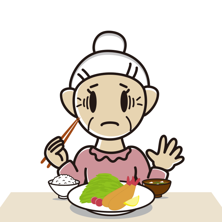 エビフライで困るおばあさんのイラスト【色あり、背景なし】透過PNG