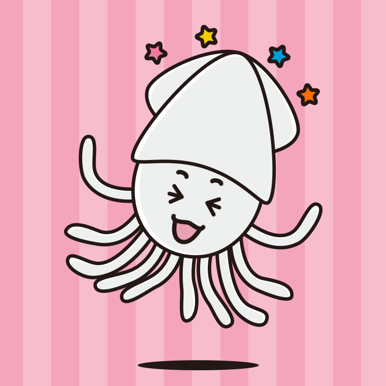 喜ぶイカちゃんのイラスト【色、背景あり】PNG