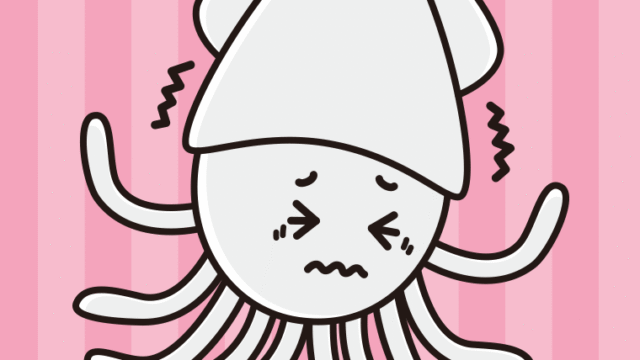 ブルブル震えるイカちゃんのイラスト【色、背景あり】PNG
