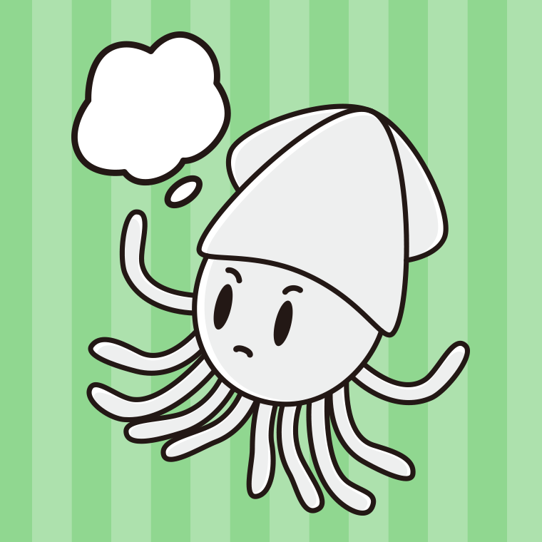 考えるイカちゃんのイラスト【色、背景あり】PNG