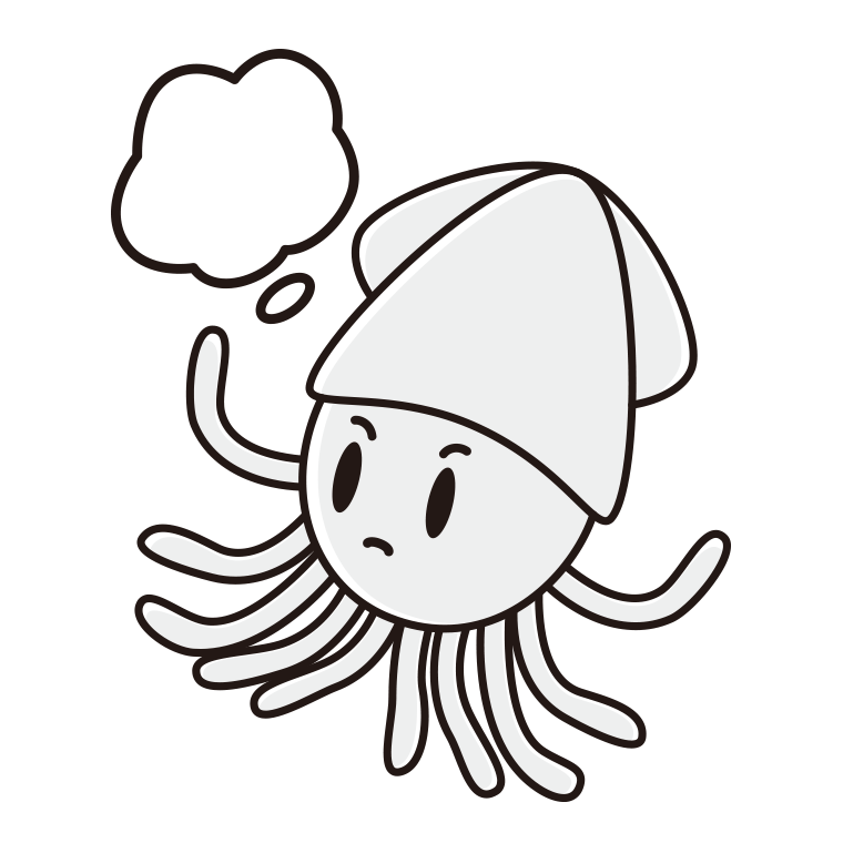 考えるイカちゃんのイラスト【色あり、背景なし】透過PNG