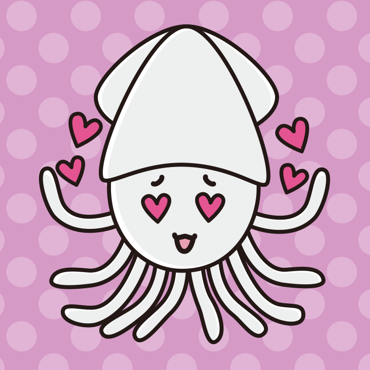 目がハートのイカちゃんのイラスト【色、背景あり】PNG