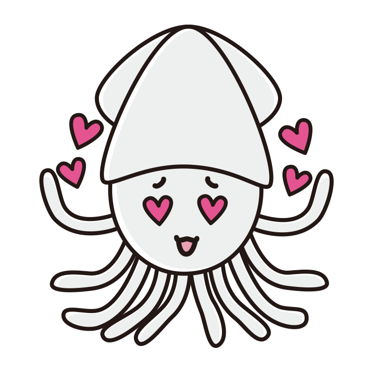 目がハートのイカちゃんのイラスト【色あり、背景なし】透過PNG