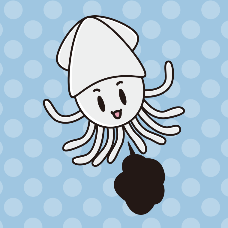 墨を吐くイカちゃんのイラスト【色、背景あり】PNG