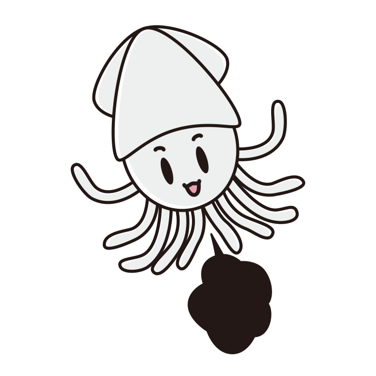 墨を吐くイカちゃんのイラスト【色あり、背景なし】透過PNG