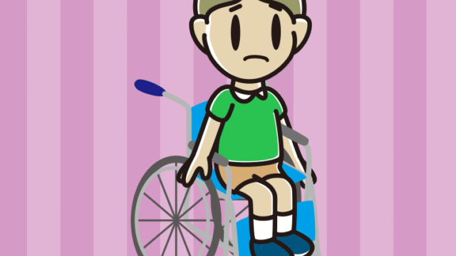 車椅子で困る小学生男子のイラスト【色、背景あり】PNG