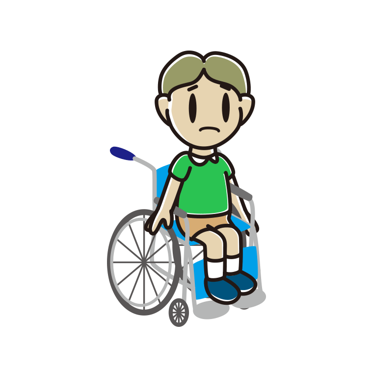 車椅子で困る小学生男子のイラスト【色あり、背景なし】透過PNG