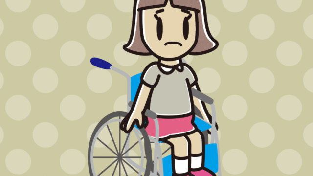 車椅子で困る小学生女子のイラスト【色、背景あり】PNG