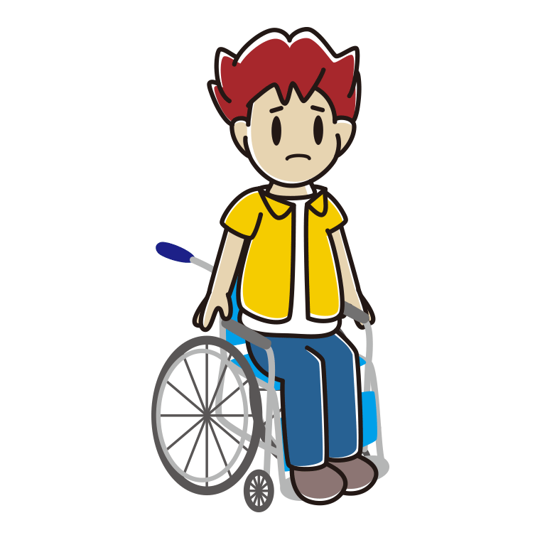 車椅子で困る男子大学生のイラスト【色あり、背景なし】透過PNG