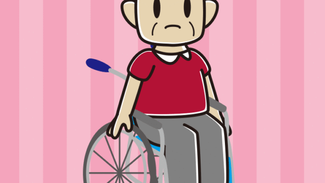 車椅子で困るおじさんのイラスト【色、背景あり】PNG