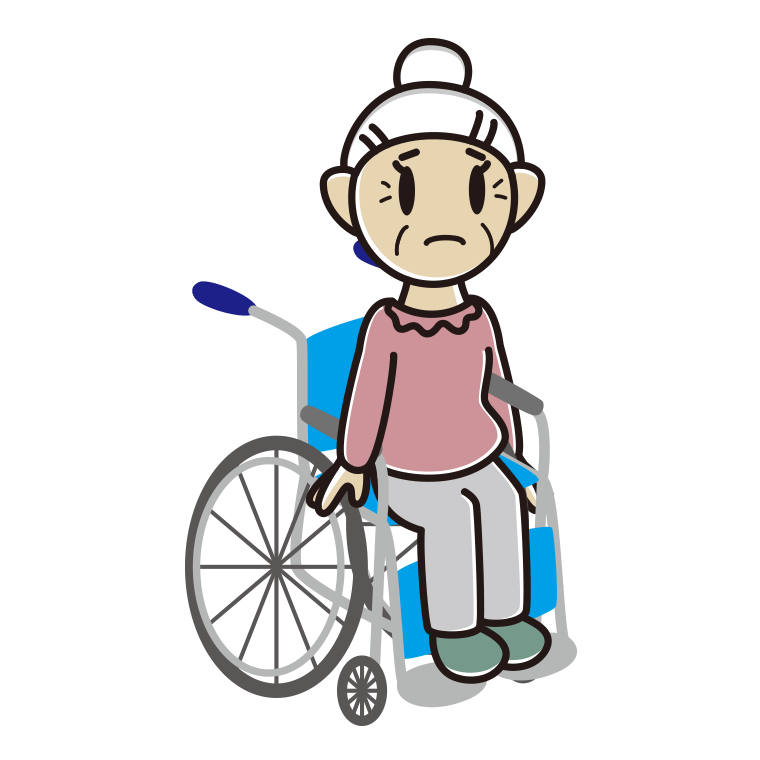 車椅子で困るおばあさんのイラスト【色あり、背景なし】透過PNG