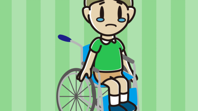 車椅子で泣く小学生男子のイラスト【色、背景あり】PNG