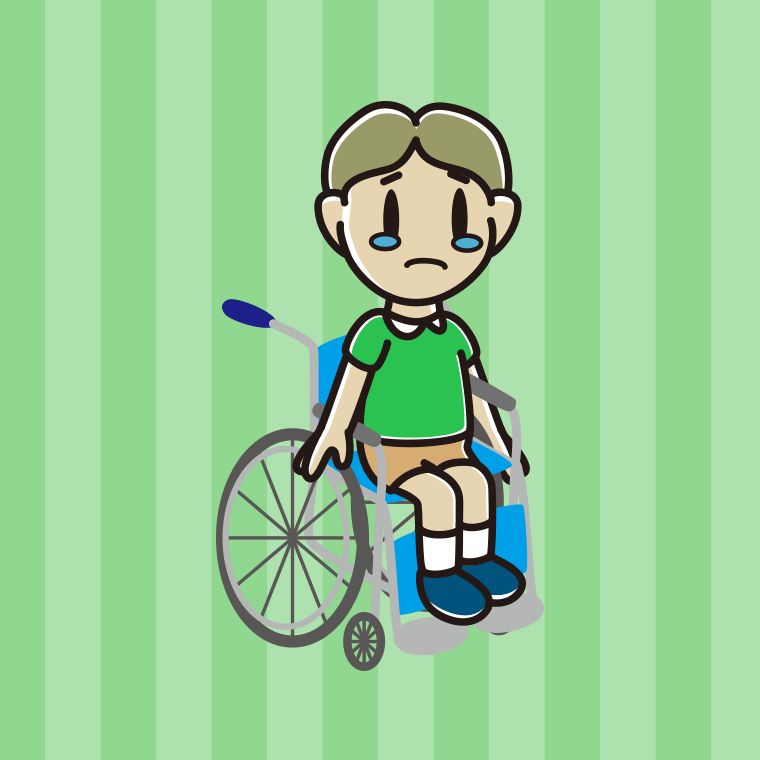 車椅子で泣く小学生男子のイラスト【色、背景あり】PNG