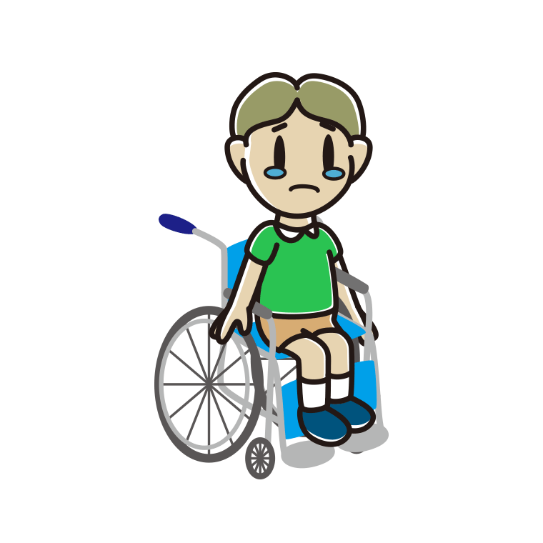 車椅子で泣く小学生男子のイラスト【色あり、背景なし】透過PNG