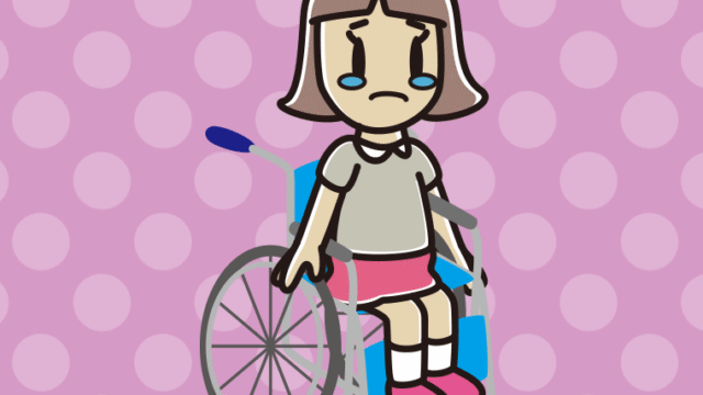 車椅子で泣く小学生女子のイラスト【色、背景あり】PNG