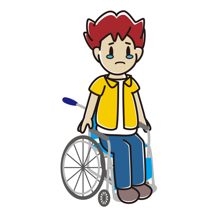 車椅子で泣く男子大学生のイラスト【色あり、背景なし】透過PNG