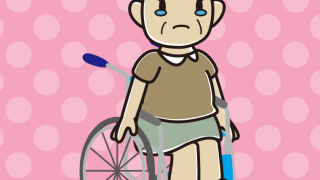 車椅子で泣くおばさんのイラスト【色、背景あり】PNG