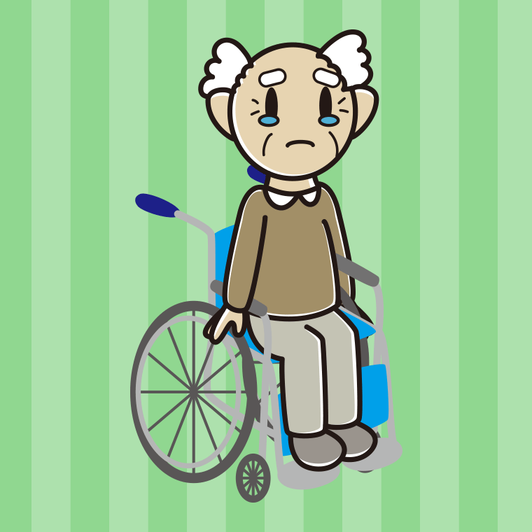 車椅子で泣くおじいさんのイラスト【色、背景あり】PNG