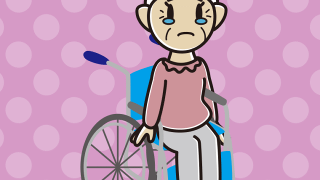 車椅子で泣くおばあさんのイラスト【色、背景あり】PNG