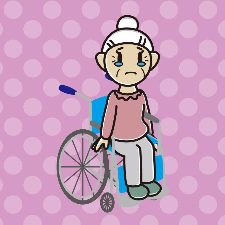 車椅子で泣くおばあさんのイラスト【色、背景あり】PNG