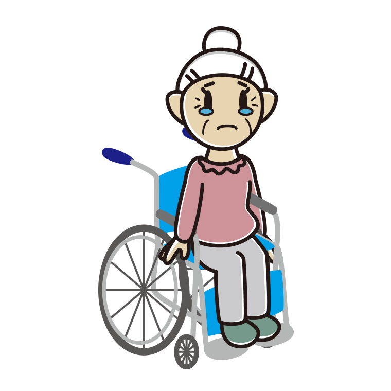 車椅子で泣くおばあさんのイラスト【色あり、背景なし】透過PNG
