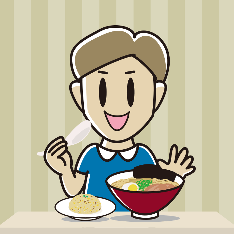 ラーメン・半チャーハンを食べる男性のイラスト【色、背景あり】PNG