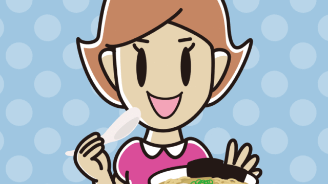 ラーメン・半チャーハンを食べる女性のイラスト【色、背景あり】PNG