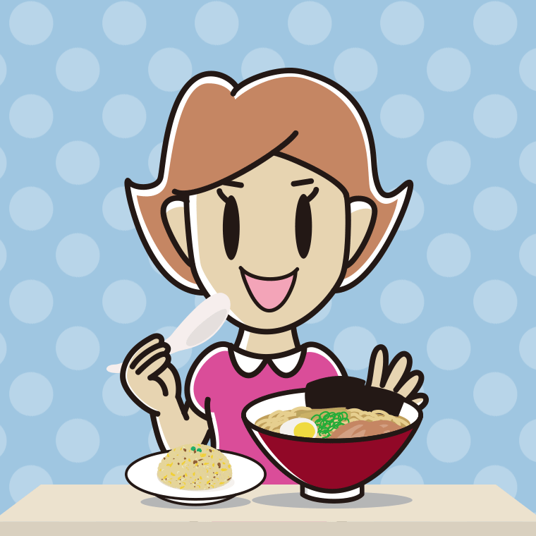 ラーメン・半チャーハンを食べる女性のイラスト【色、背景あり】PNG
