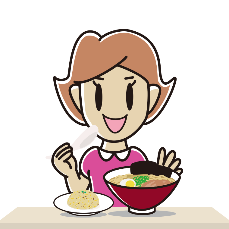 ラーメン・半チャーハンを食べる女性のイラスト【色あり、背景なし】透過PNG