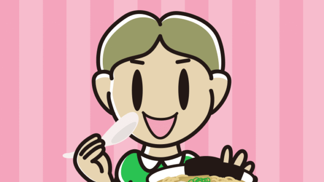 ラーメン・半チャーハンを食べる小学生男子のイラスト【色、背景あり】PNG