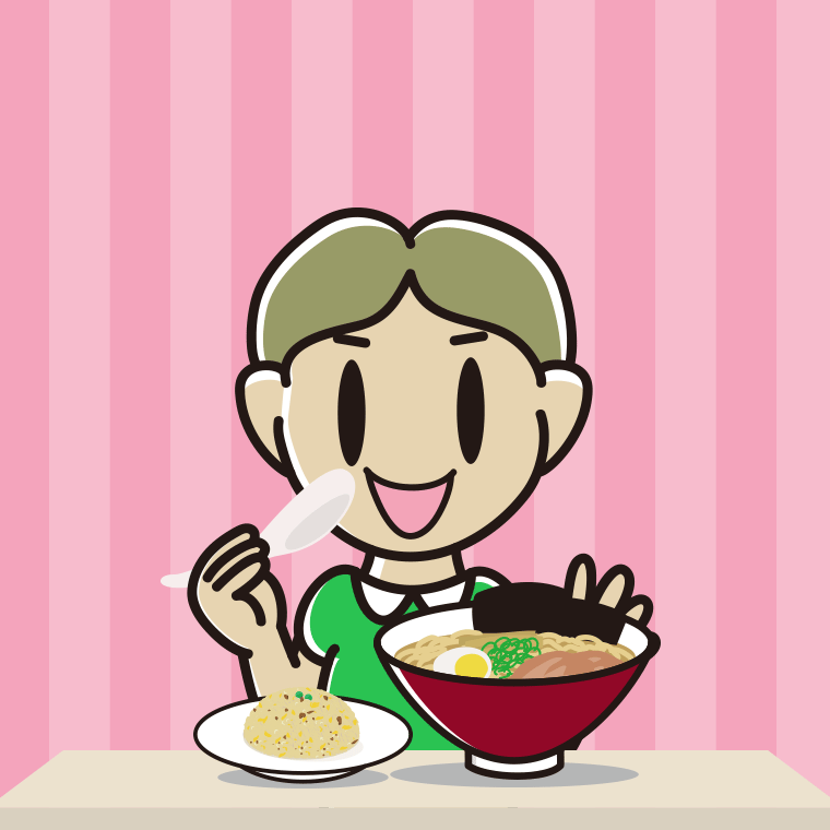 ラーメン・半チャーハンを食べる小学生男子のイラスト【色、背景あり】PNG