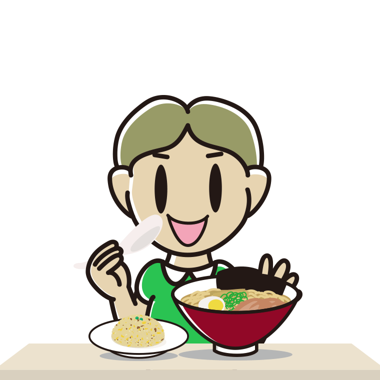 ラーメン・半チャーハンを食べる小学生男子のイラスト【色あり、背景なし】透過PNG