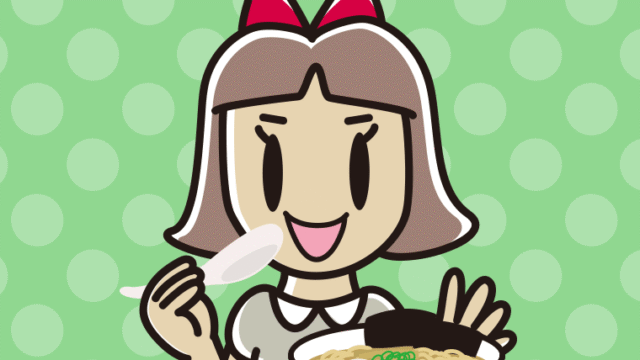ラーメン・半チャーハンを食べる小学生女子のイラスト【色、背景あり】PNG