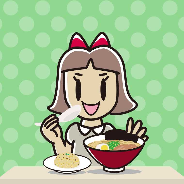 ラーメン・半チャーハンを食べる小学生女子のイラスト【色、背景あり】PNG