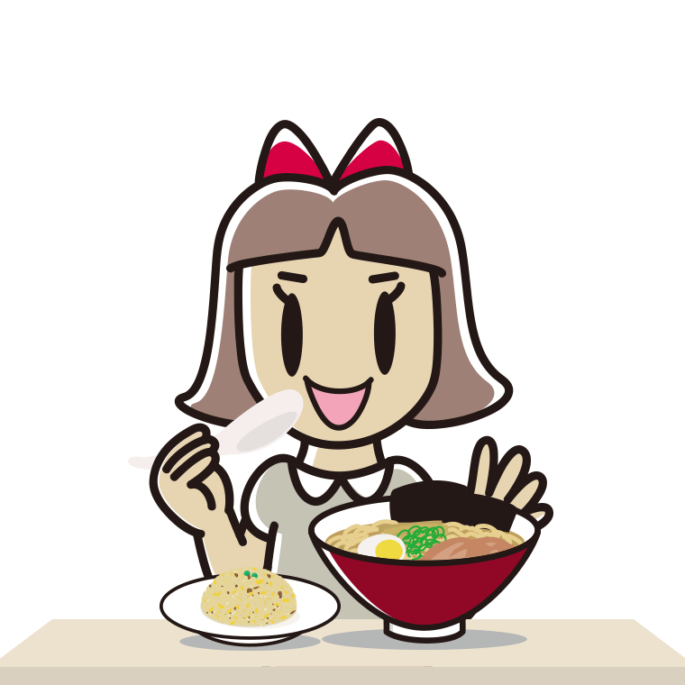 ラーメン・半チャーハンを食べる小学生女子のイラスト【色あり、背景なし】透過PNG