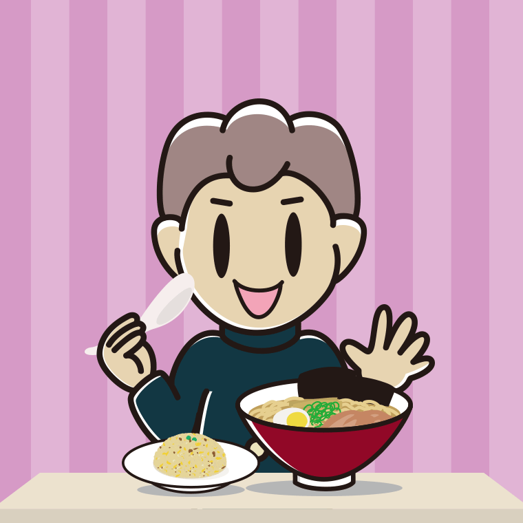 ラーメン・半チャーハンを食べる男子中学生のイラスト【色、背景あり】PNG