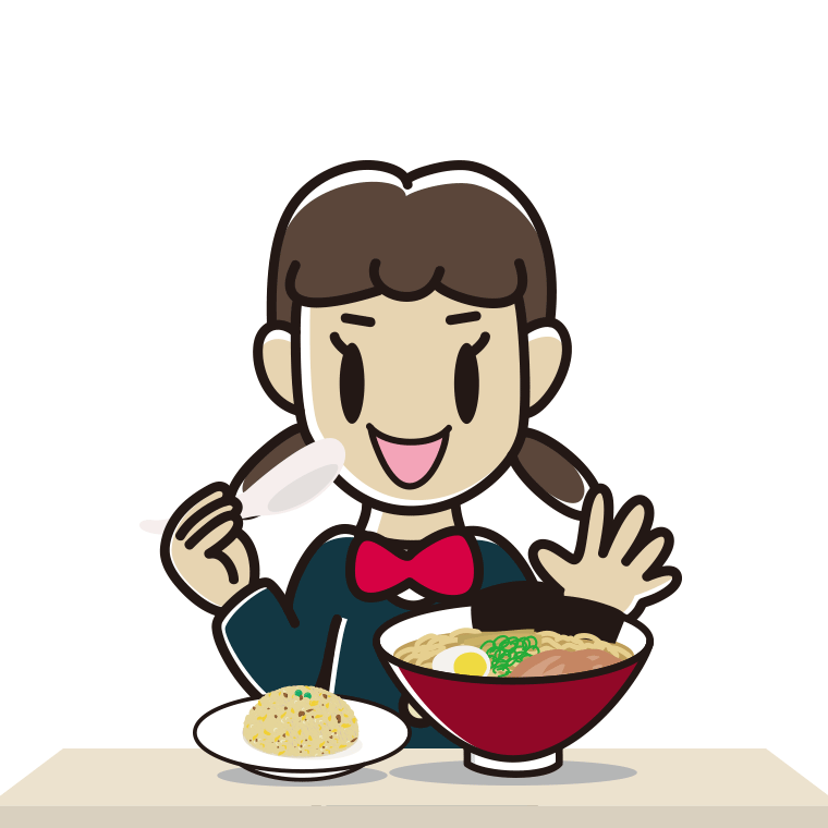 ラーメン・半チャーハンを食べる女子中学生のイラスト【色あり、背景なし】透過PNG