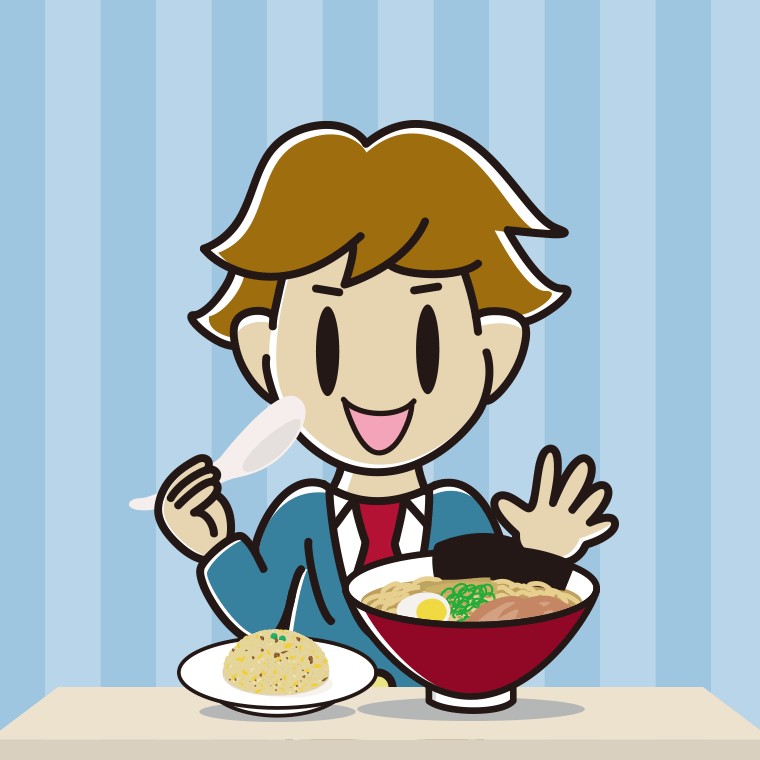 ラーメン・半チャーハンを食べる男子高校生のイラスト【色、背景あり】PNG