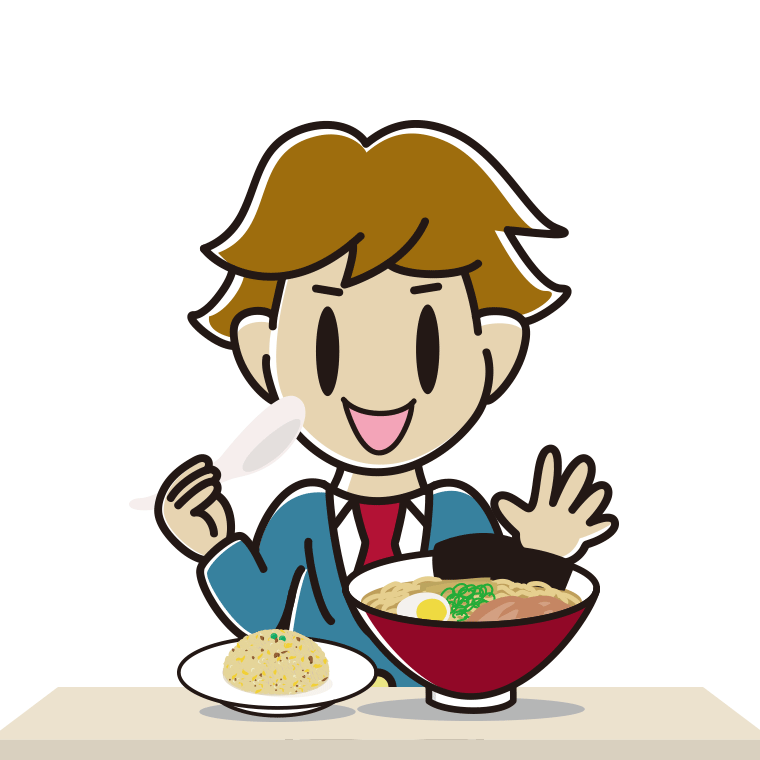 ラーメン・半チャーハンを食べる男子高校生のイラスト【色あり、背景なし】透過PNG