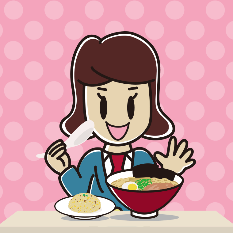 ラーメン・半チャーハンを食べる女子高校生のイラスト【色、背景あり】PNG